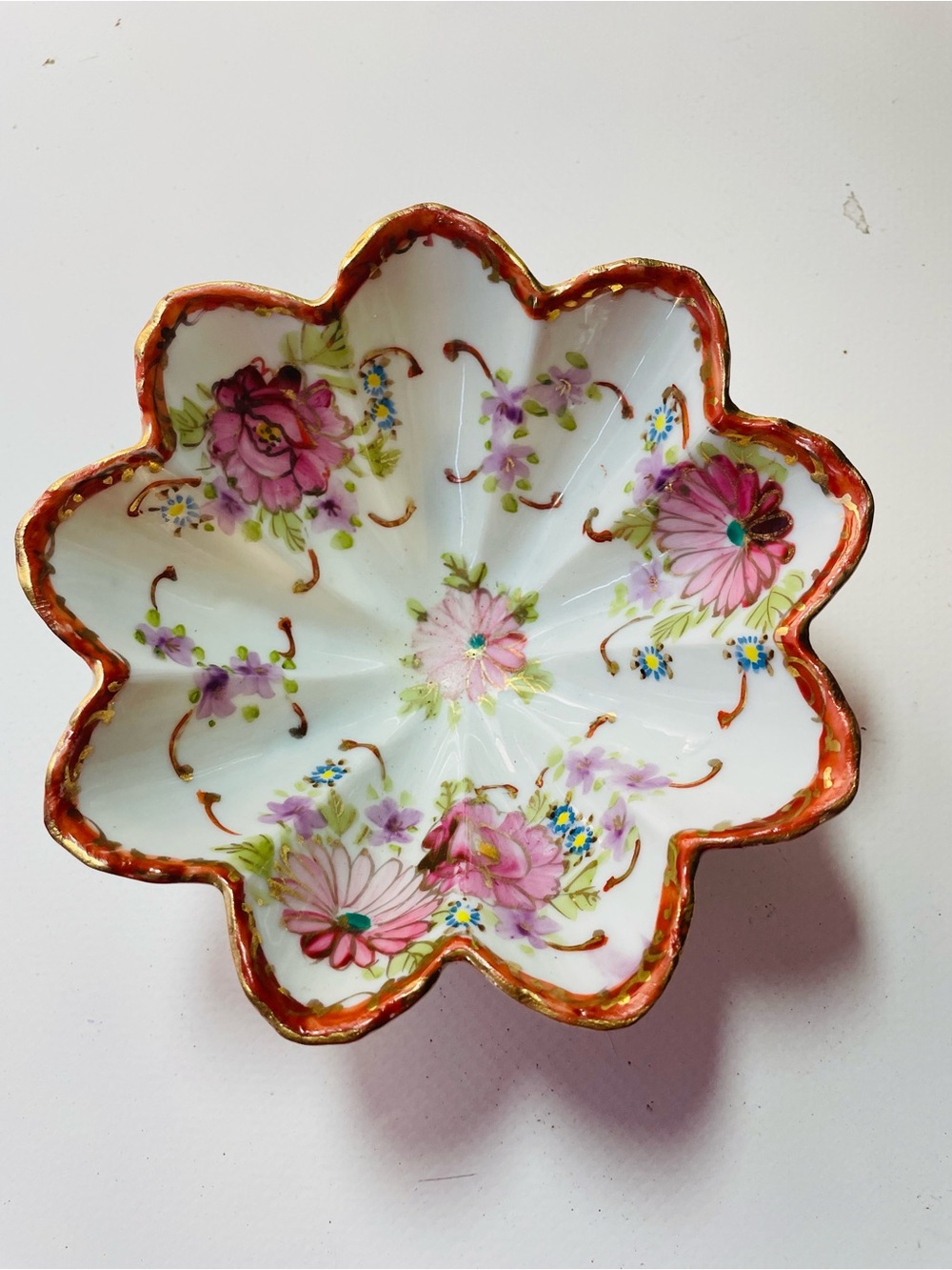 Vintage Hand-Painted Floral Porcelain Bowl - Pink Floral Accent Gold Gilt Trim
